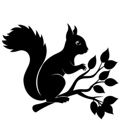 Squirrel on a Tree Branch vector black silhouette on white background.