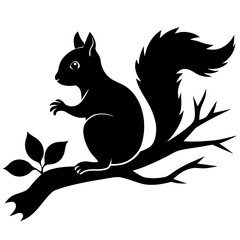 Squirrel on a Tree Branch vector black silhouette on white background.