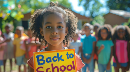 Black african schoolgirl with a board written back to school , afro young girl returning to school