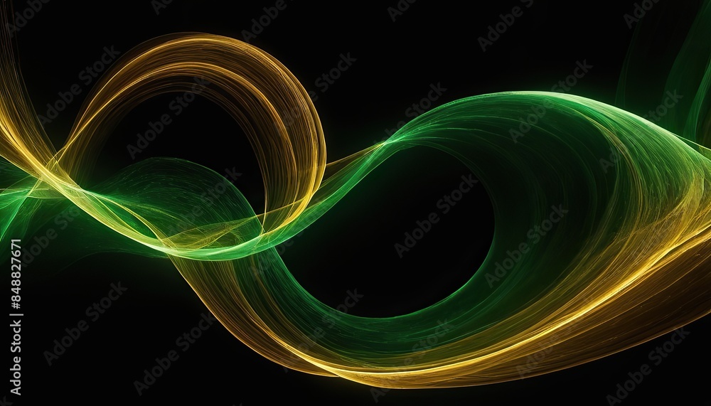 Poster abstract 3d black background with green and gold lines curved wavy sparkle with copy space for text.
