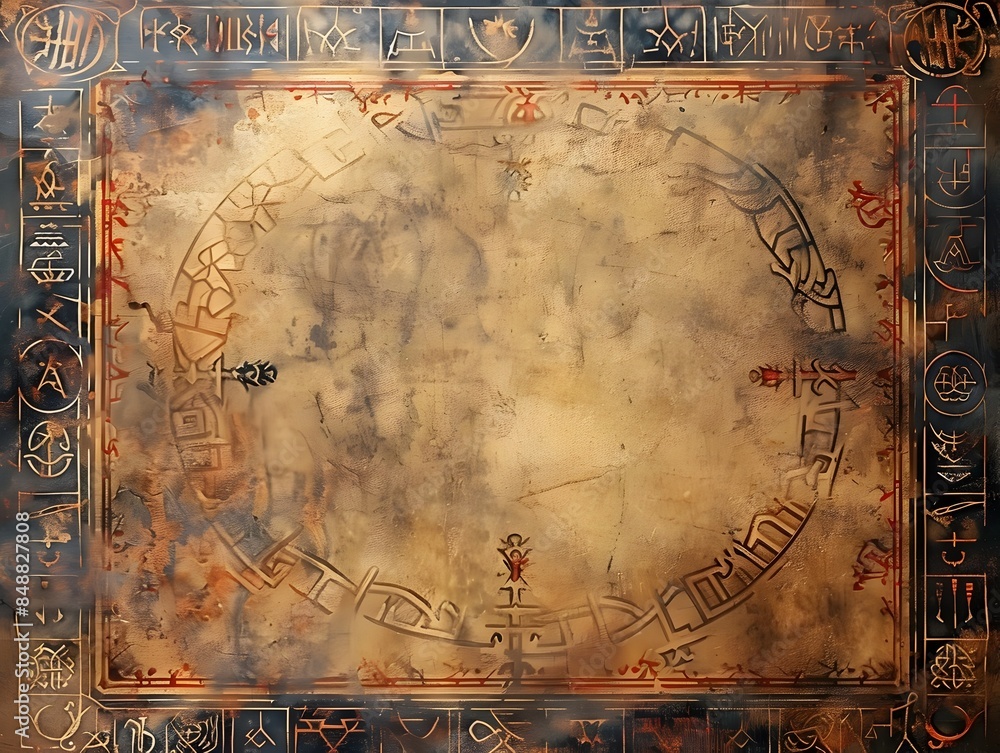 Poster mystical and historic frame with ancient runes and symbols on a parchment background creating a capt