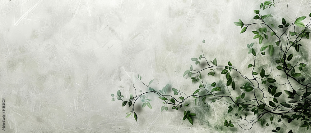 Poster minimalist illustration with thin green lines forming vine and leaf patterns on a light gray canvas