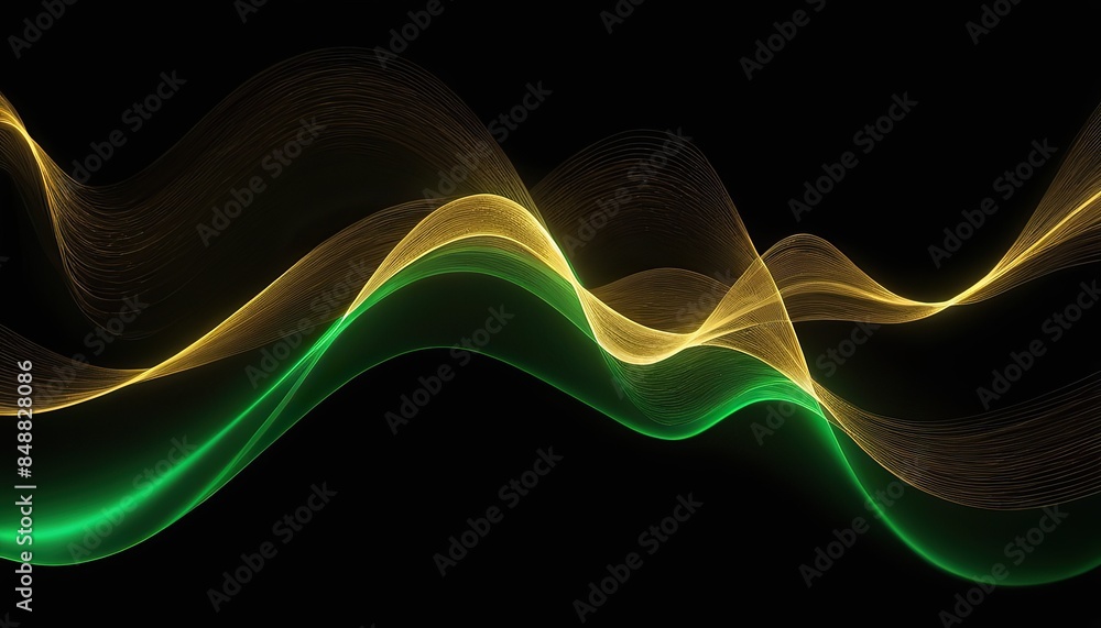 Poster abstract 3d black background with green and gold lines curved wavy sparkle with copy space for text.