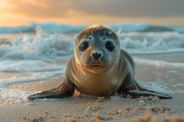 A baby seal resting on a sandy beach, with the ocean waves gently lapping in the background. The seal has big, round eyes and a curious expression