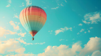 Fototapeta premium Hot air balloon flying above clouds. Adventure and travel,Colorful hot air balloon is flying in the blue sky above the trees,Colourfull balloon festival in the sky