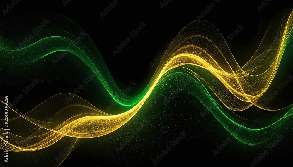 Poster abstract 3d black background with green and gold lines curved wavy sparkle with copy space for text.