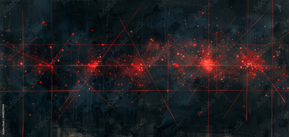 Poster simple watercolor illustration featuring thin red lines intersecting in a grid pattern on a dark cha
