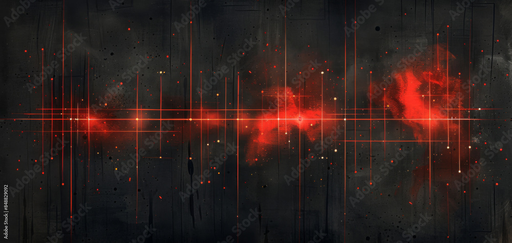 Poster simple watercolor illustration featuring thin red lines intersecting in a grid pattern on a dark cha