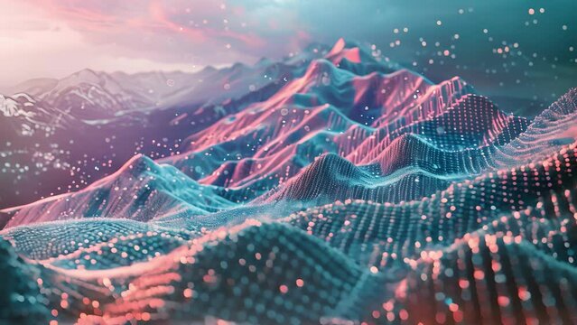 A virtual landscape with mountains and valleys symbolizing the challenges and successes of crypto philanthropy networks in making a difference.