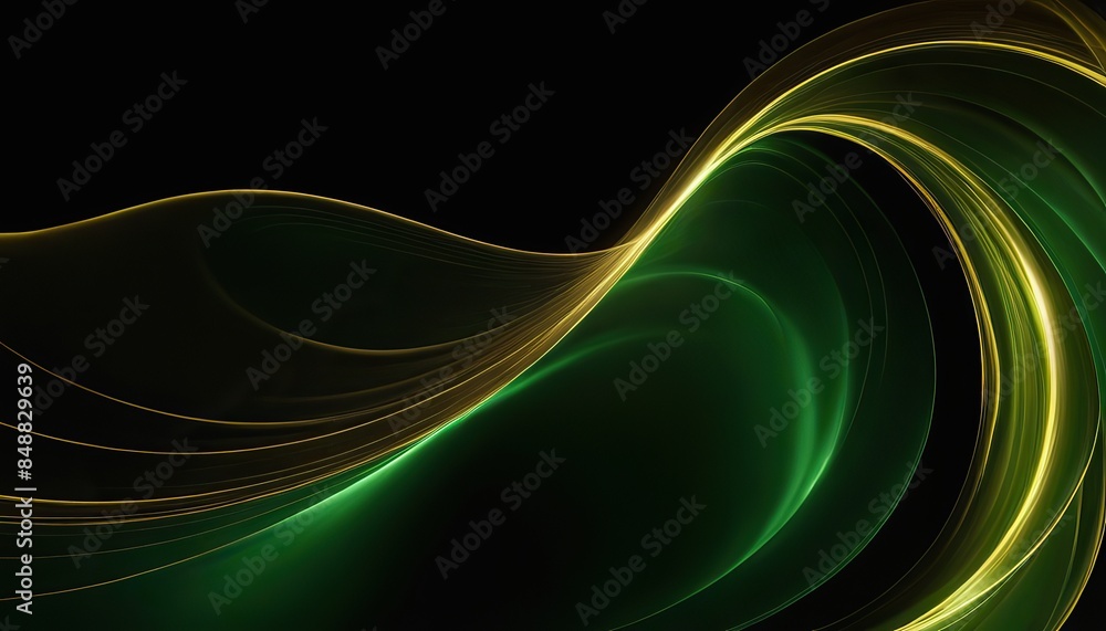 Poster abstract 3d black background with green and gold lines curved wavy sparkle with copy space for text.