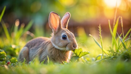 Fototapeta premium Cute Bunny Blur: A soft, blurred image of a bunny nibbling on grass in a garden. 
