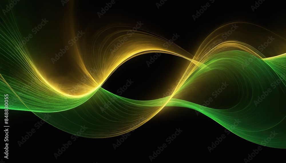 Poster abstract 3d black background with green and gold lines curved wavy sparkle with copy space for text.
