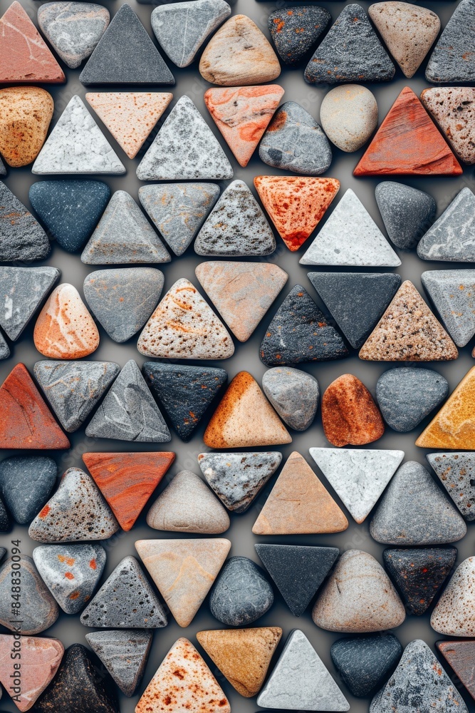 Poster a wall constructed from a variety of differently colored rocks arranged in triangular shapes