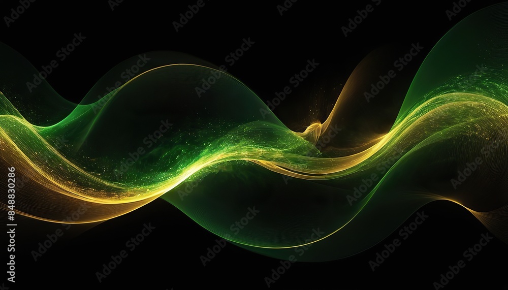 Poster abstract 3d black background with green and gold lines curved wavy sparkle with copy space for text.
