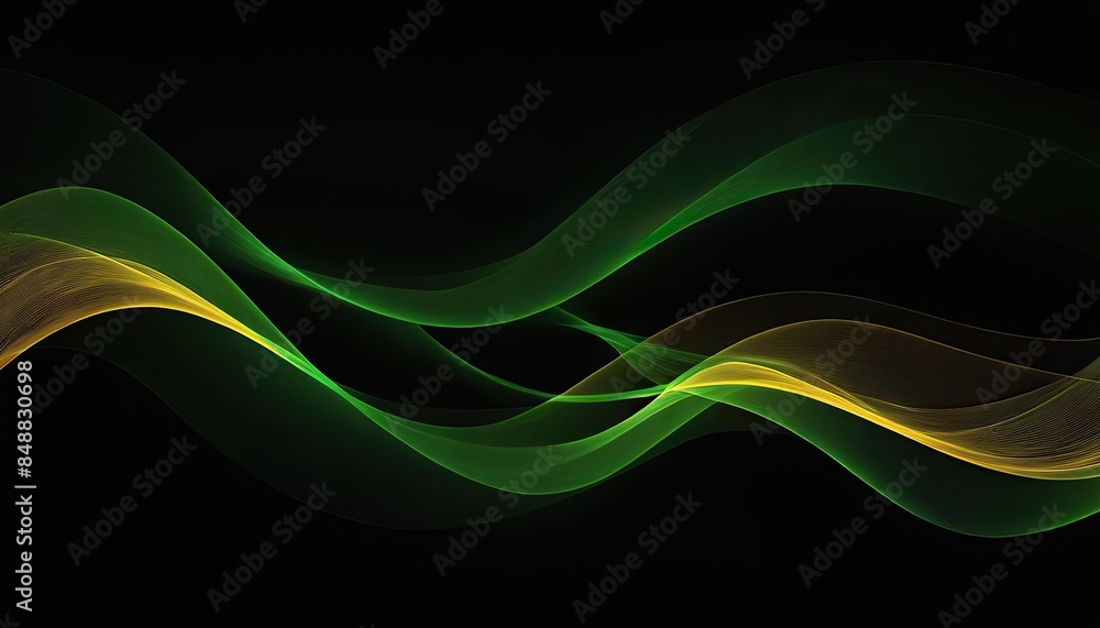 Poster abstract 3d black background with green and gold lines curved wavy sparkle with copy space for text.