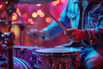 Naklejka premium Close-up of Drummer Performing in Vibrant Nightclub Setting, Glittering Drum Kit, Colorful Neon Lights, Denim Jacket, Tattooed ArmsMusic