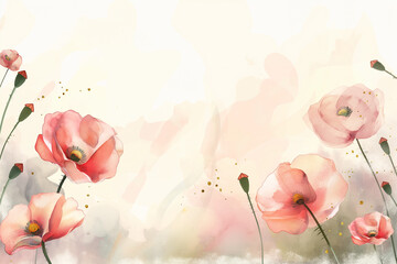 Abstract poppy flowers background with empty space for text. Gentlel colors  style wallpaper with  flower and botanical elements.  Watercolor. 