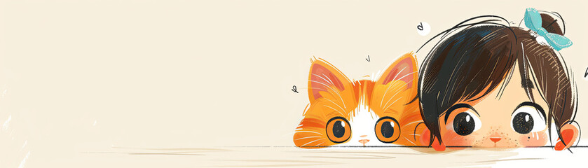 Curious Child and Orange Cat Peeking Over a Ledge