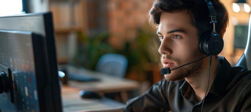 A young man in a headset working diligently as a call center agent, providing customer support and assistance with a friendly and professional demeanor