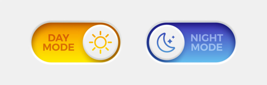 On and Off toggle switch buttons. Day and night mode switch button. Dark mode, light mode. Material design switch buttons set. Vector illustration.