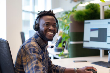 A young, happy businessman wearing a headset provides online support to clients from his office desk