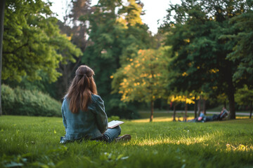 A young woman sits peacefully in a park, meditating and enjoying the beauty of nature
