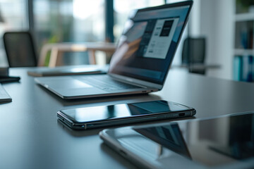 In a modern office workspace a multiple digital devices for online communication and business tasks