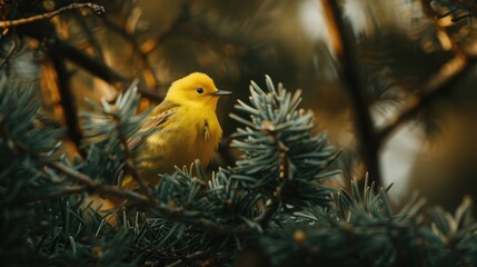A yellow warbler resting on a juniper tree in Edwin B Forsythe National Wildlife Refuge Galloway New Jersey