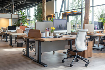 A contemporary and comfortable office space with minimalist design and ample natural light