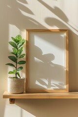 
a wooden shelf with an empty frame and a potted plant, in the style of light brown and beige, 8k resolution, matte photo mockup, 