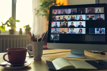 A remote video conference with diverse professionals discussing business strategies and collaborating online
