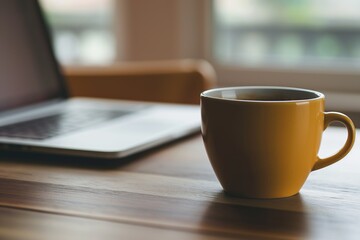 A tidy office desk with a laptop and coffee mug, symbolizing a productive work environment