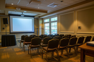 An empty auditorium with modern design and comfortable seating, equipped for business presentations and seminars