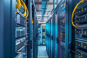 A modern server room with racks of networking and telecommunication equipment for digital data management