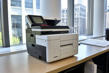 A modern office with a multifunction printer-copier-scanner, essential for efficient document management tasks