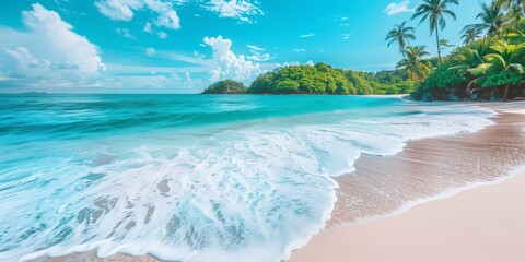 A serene beachfront paradise with palm trees, turquoise waters, and clear blue skies&mdash;a dream vacation spot