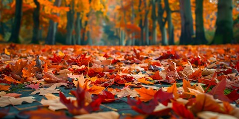 A scenic autumn path adorned with vibrant leaves in shades of red, orange, and yellow