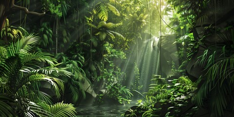 A lush rainforest landscape with dense foliage, sunlight filtering through mist, creating a mystical ambiance