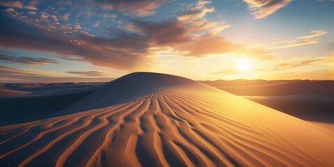 A vast desert landscape at sunset, with sand dunes stretching to the horizon under a colorful sky
