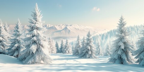 A breathtaking winter panorama of snowy mountains and frosted forests under a clear blue sky