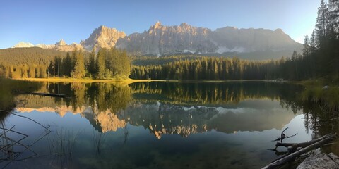A tranquil mountain landscape with a picturesque pond reflecting the green forest and clear blue sky