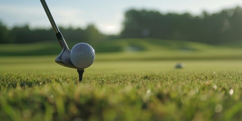 A serene golf course scene, with a ball on the green bathed in warm sun light