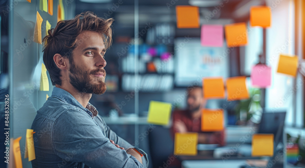 Aufkleber An energetic man with a go-getter attitude, brainstorming ideas in his lively tech startup office. Generative AI.