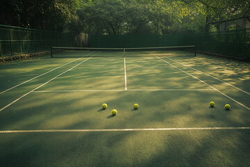 Empty tennis court on a green field under a blue sky, awaiting a competitive match