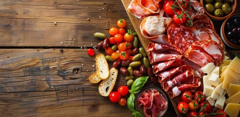 Top view of a rustic wooden table with a delicious assortment of antipasto dishes including meats, cheeses, olives, and breadsticks
