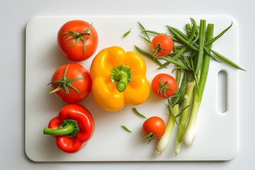 Colorful array of fresh raw vegetables on a white cutting board, embodying health nutrition
