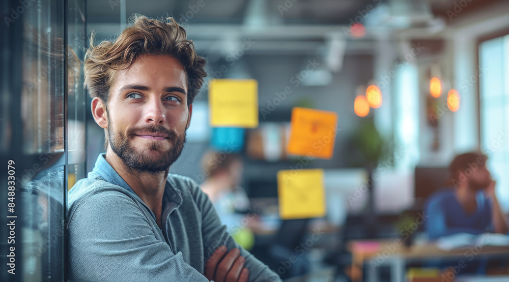 Aufkleber An energetic man with a go-getter attitude, brainstorming ideas in his lively tech startup office. Generative AI.