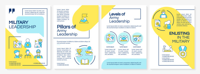 Fototapeta premium Military leadership features blue and yellow brochure template. Leaflet design with linear icons. Editable 4 vector layouts for presentation, annual reports. Questrial, Lato-Regular fonts used