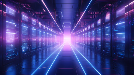 Glowing data center with server racks arranged in rows