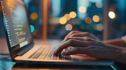 Close up image of man hands typing on laptop computer keyboard on office table. AI Generative